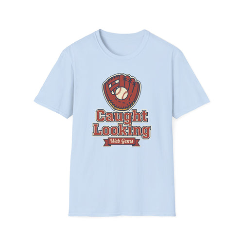 Light blue baseball T-shirt with front glove graphic and 'Caught Looking' text