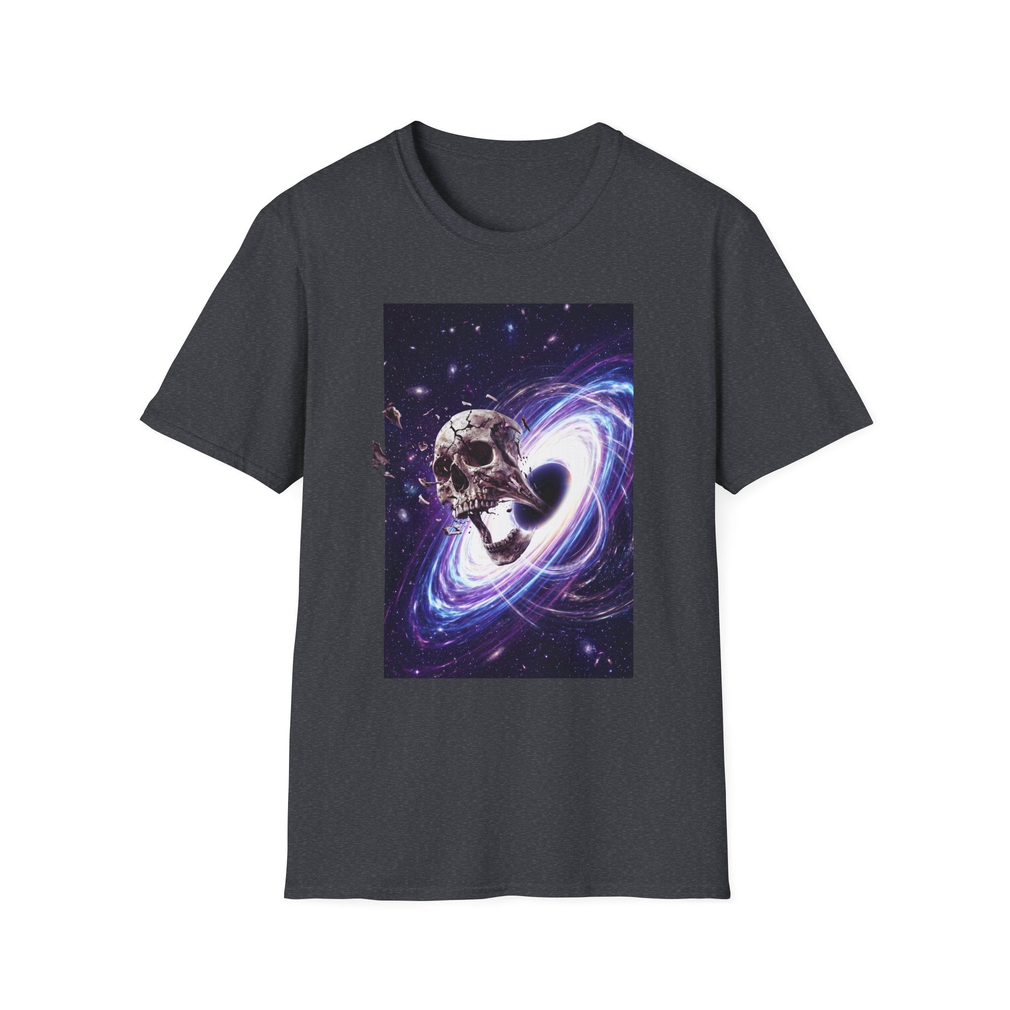 Dark heather T-shirt with cosmic skull and galaxy swirl graphic on the front