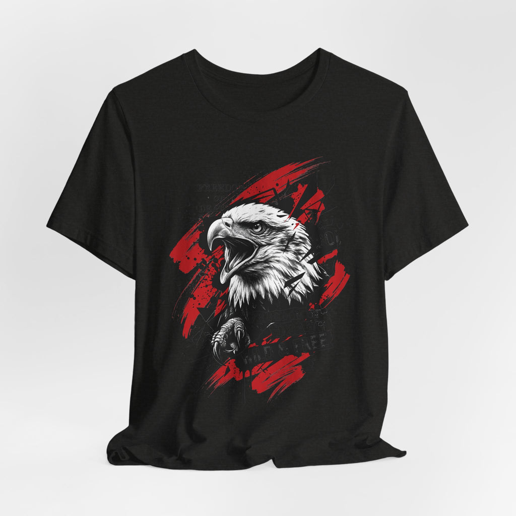 Black crewneck t-shirt with red splash eagle head graphic on front