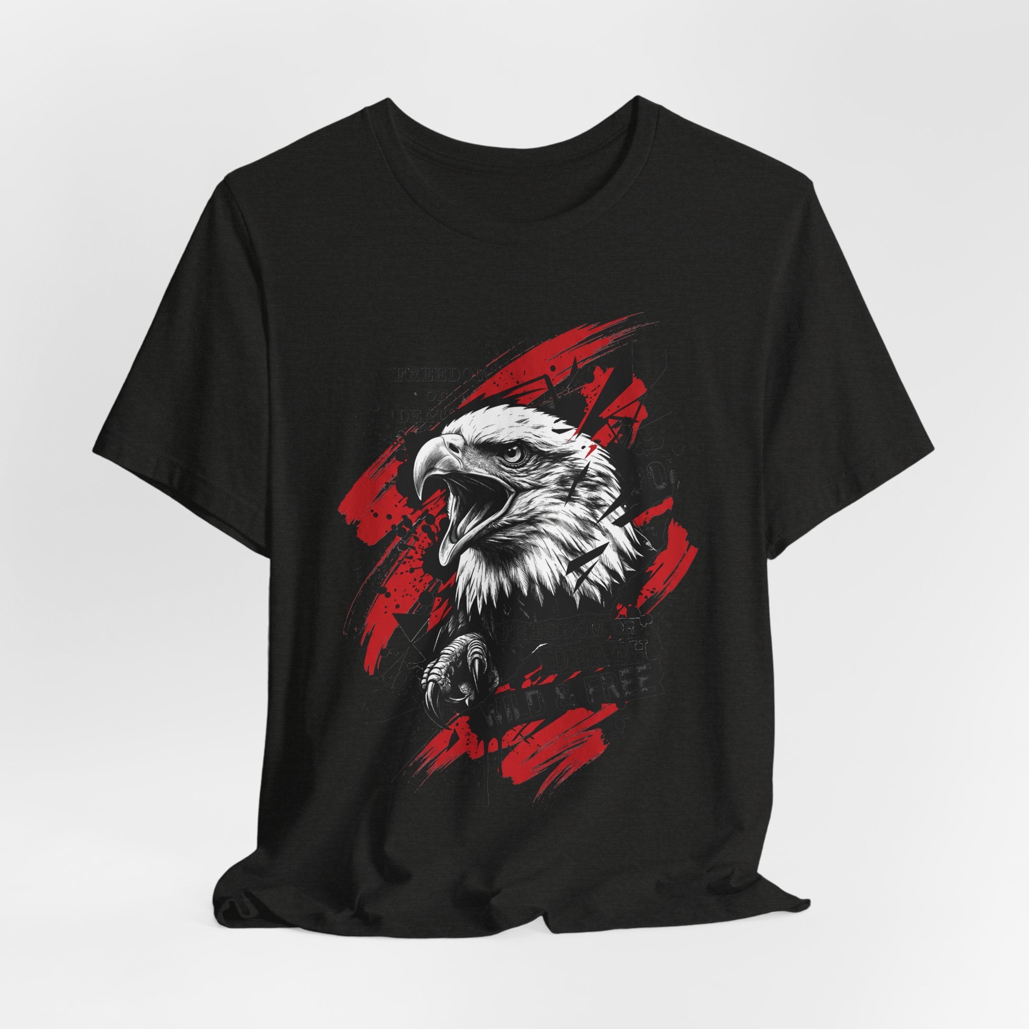 Black crewneck t-shirt with red splash eagle head graphic on front