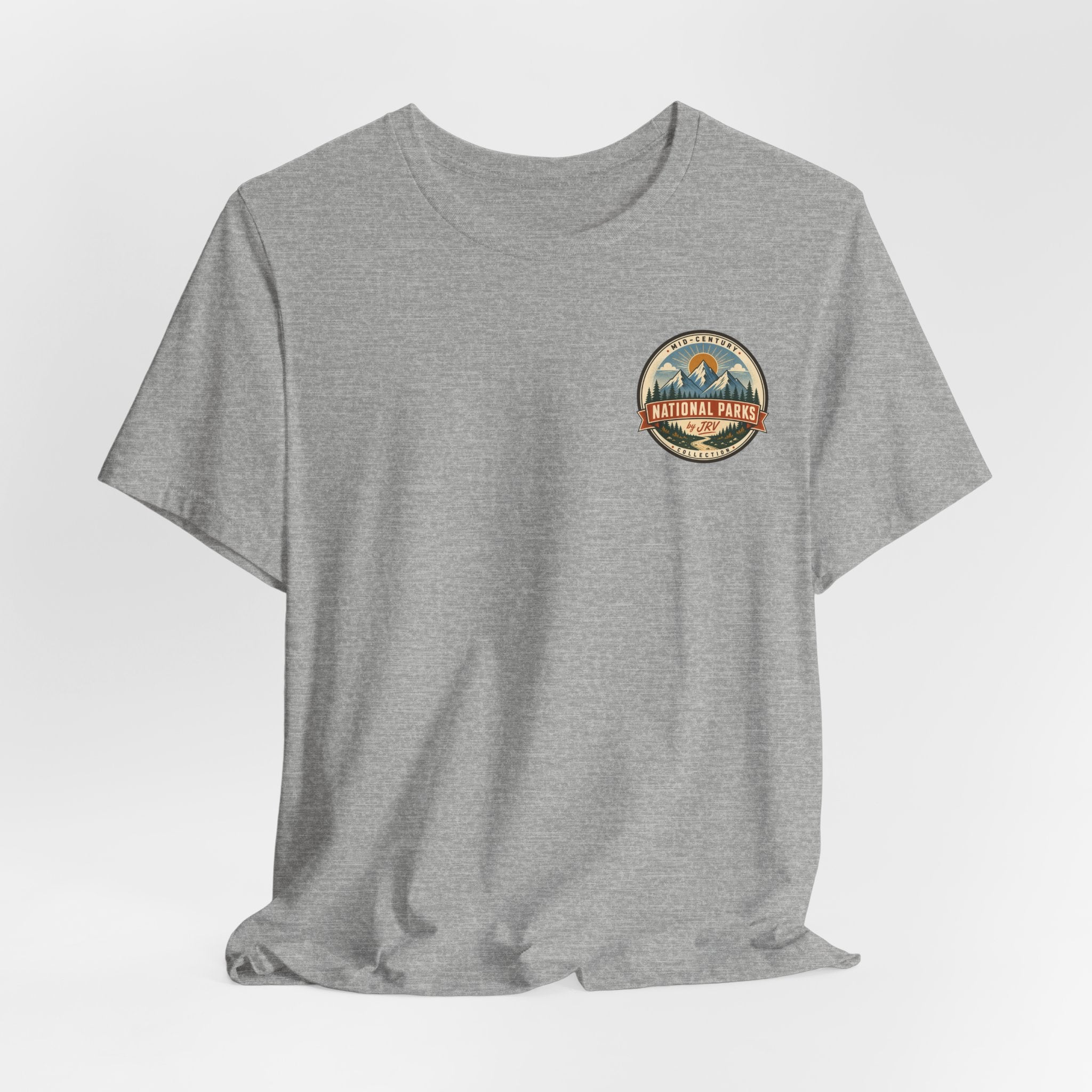 Heather grey Acadia national park graphic t-shirt, front with round logo patch