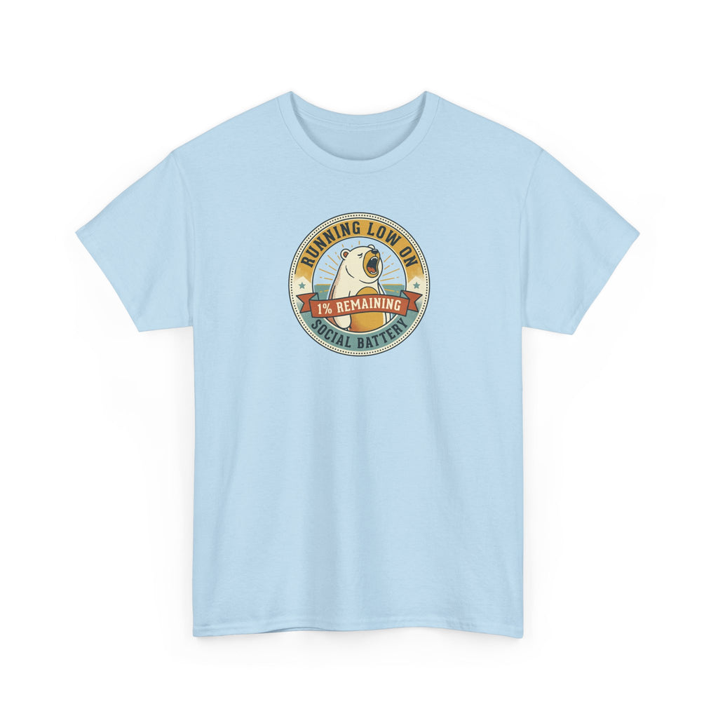 Light blue crew-neck T-shirt with circular bear 'social battery' graphic