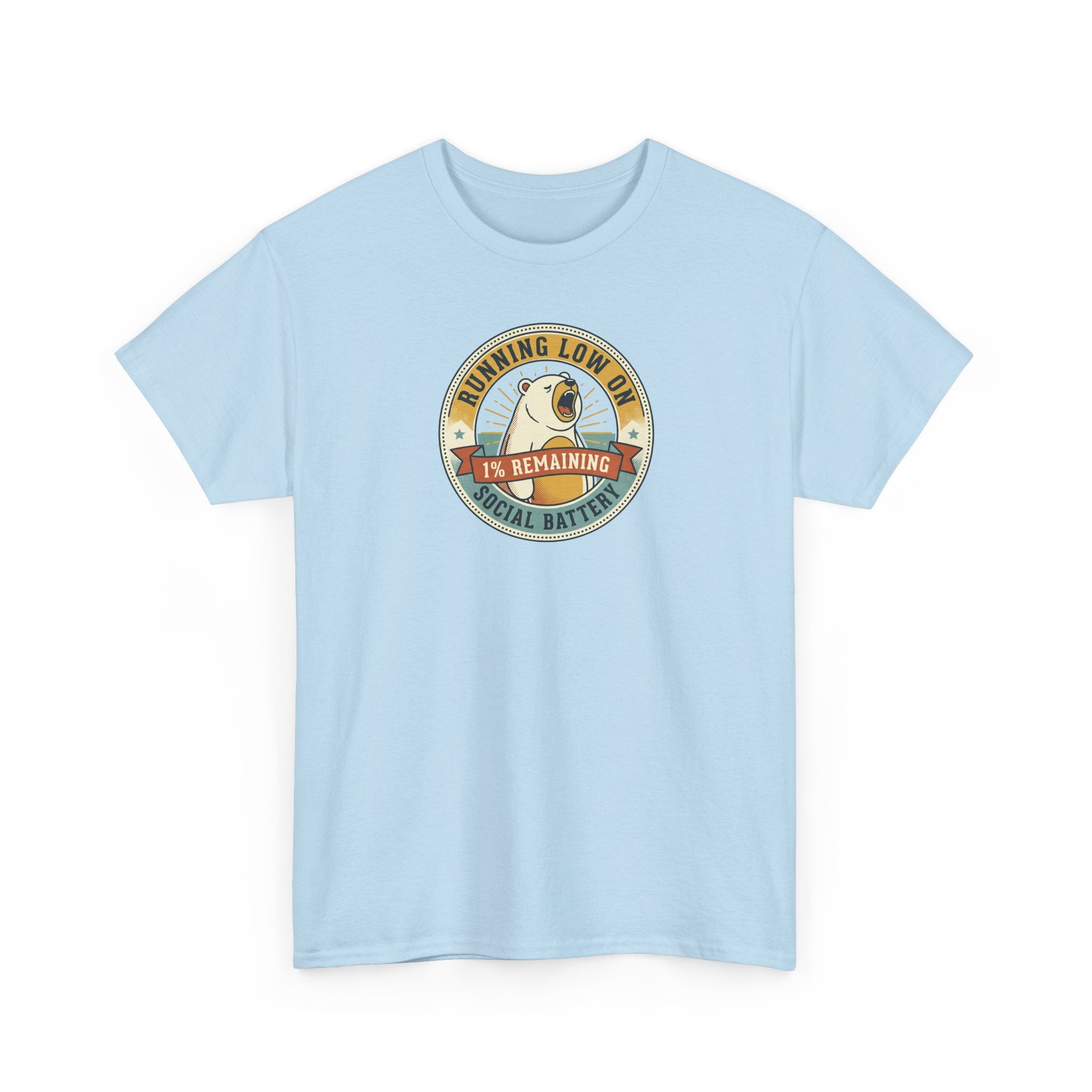 Light blue crew-neck T-shirt with circular bear 'social battery' graphic