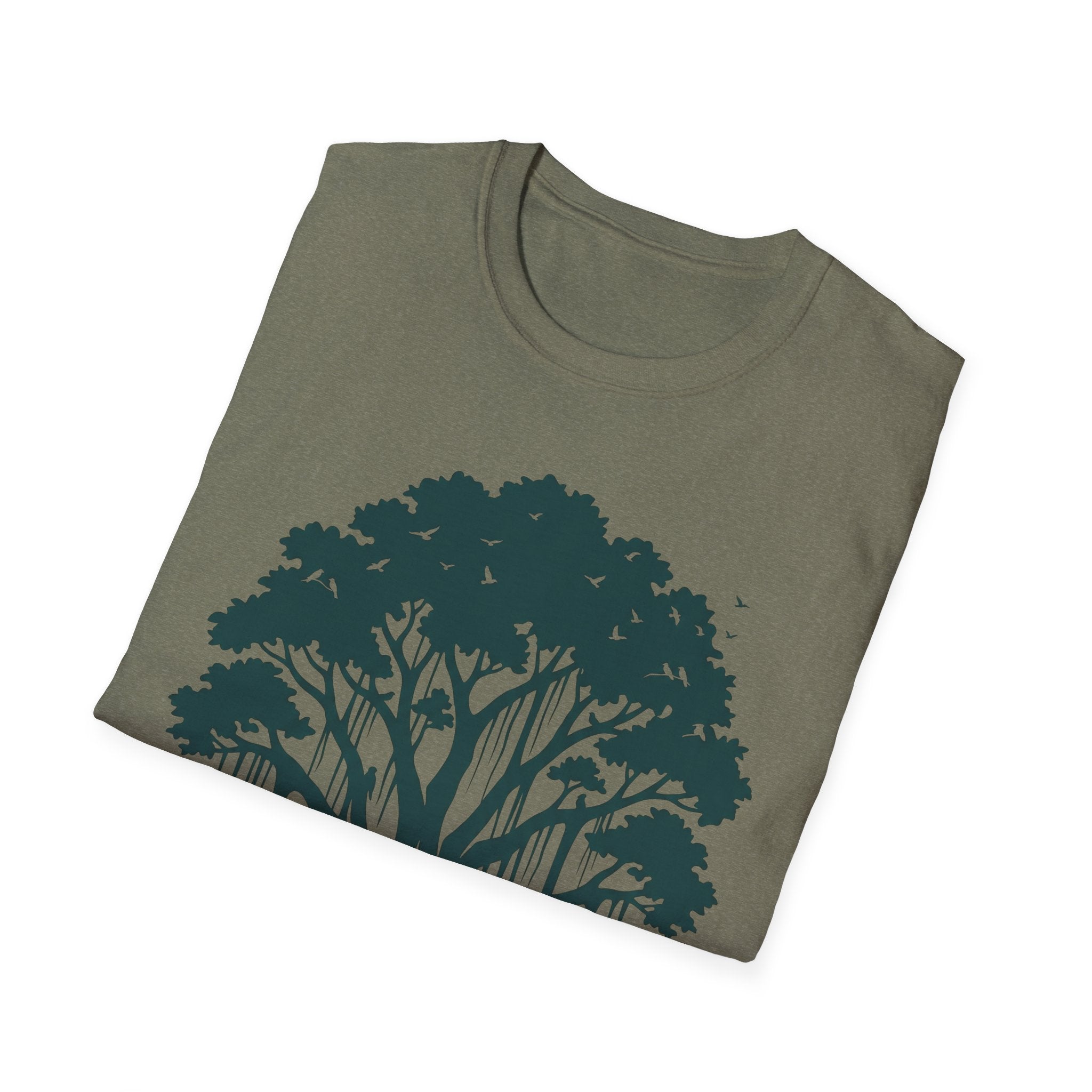 Olive crew-neck tee with large teal tree-and-birds graphic