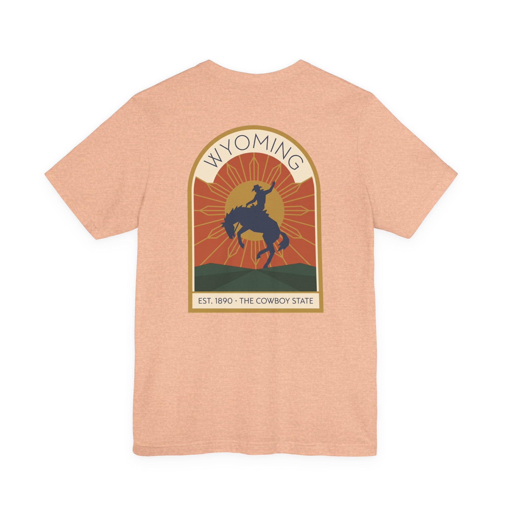Peach heather T-shirt with Wyoming rodeo bucking bronco graphic on front