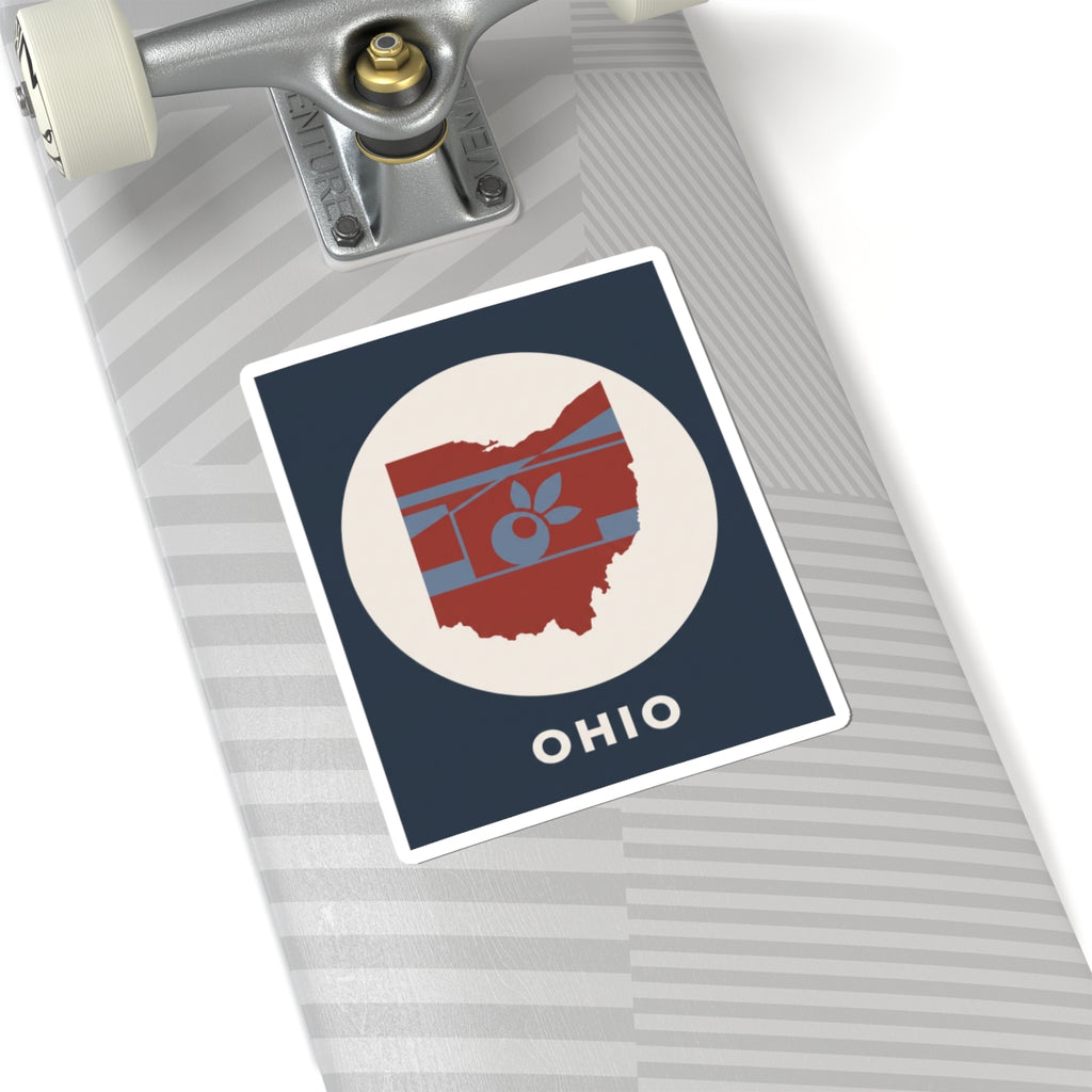 Ohio sticker with state map and apple icon on striped background, square layout with OHIO text