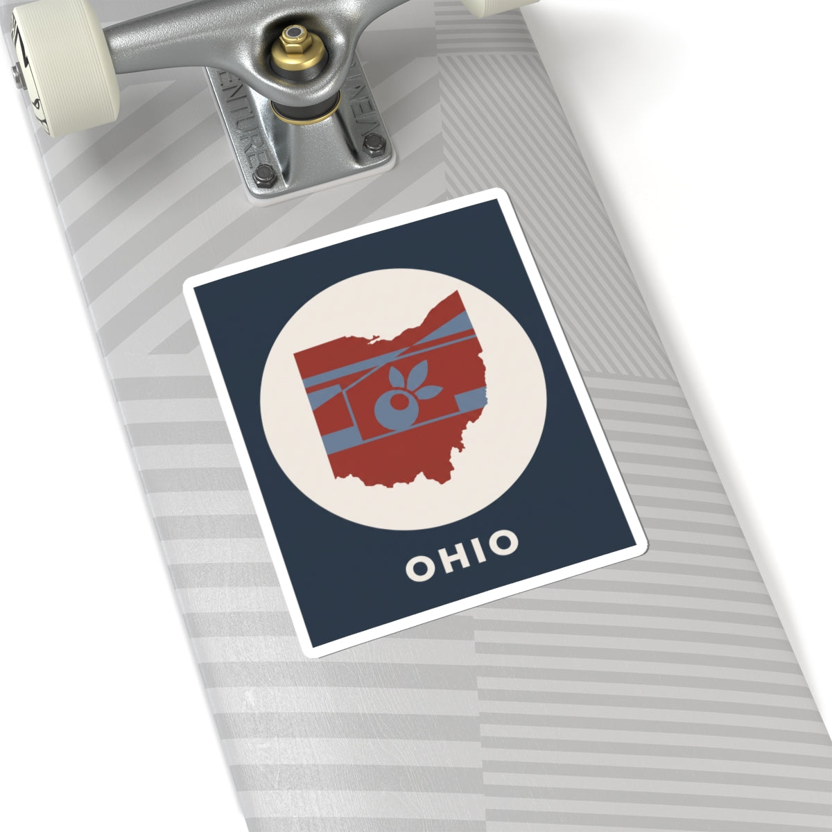 Ohio sticker with state map and apple icon on striped background, square layout with OHIO text