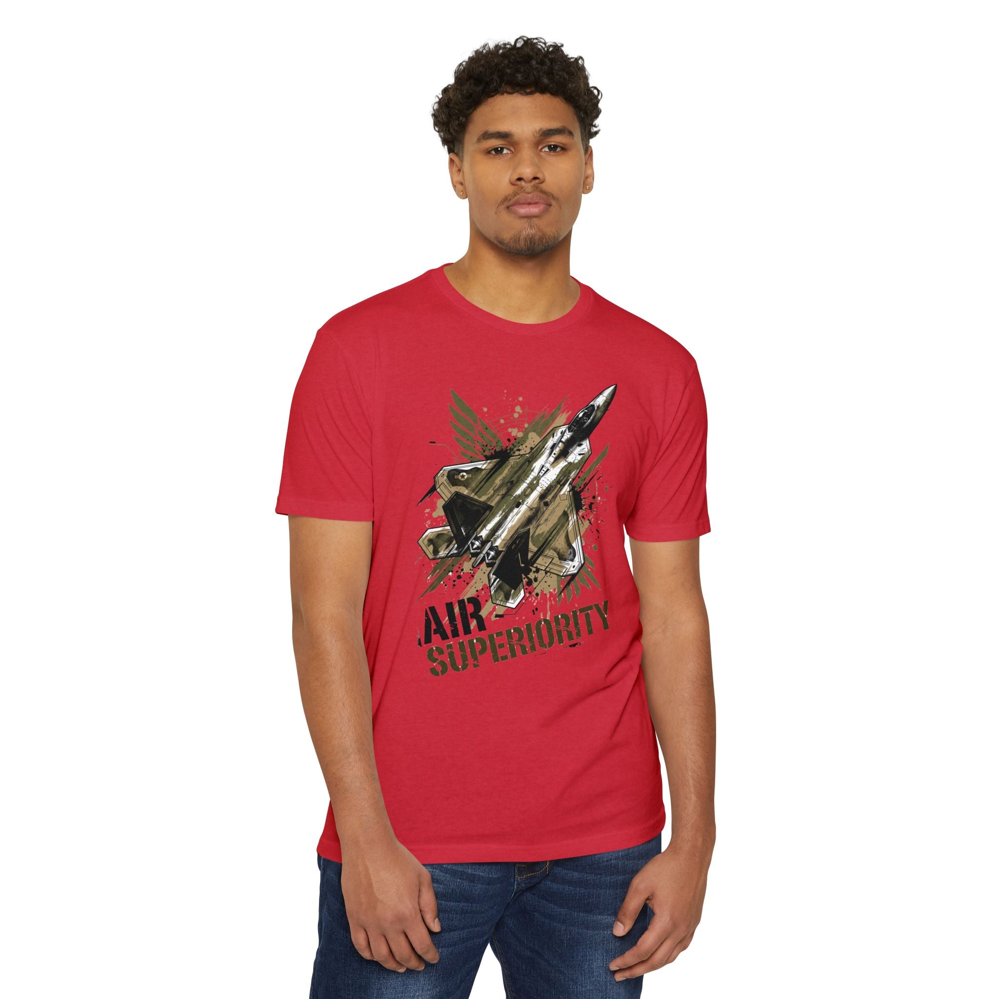 Red jet fighter graphic t-shirt with “Air Superiority” plane front print