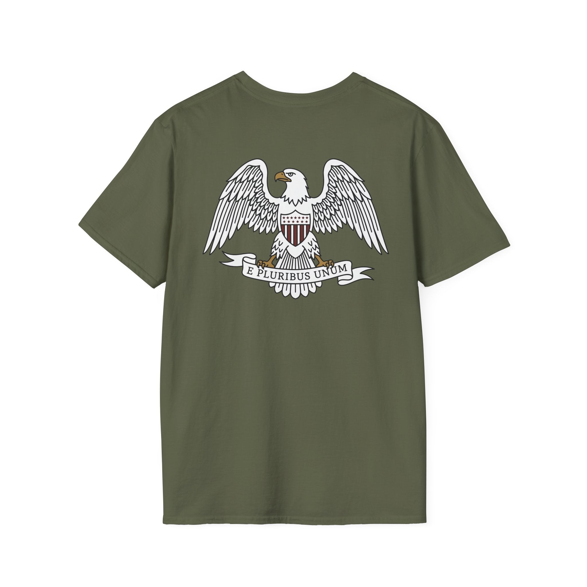 Olive green T-shirt with white bald eagle crest and “E Pluribus Unum” on the back.