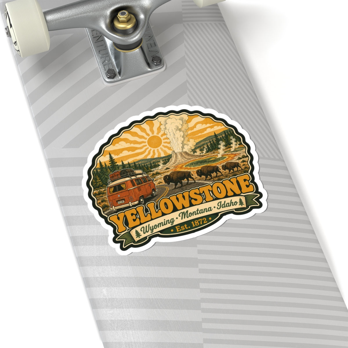 Yellowstone sticker badge with vintage bus, bison herd, geyser plume, sun; Est. 1872