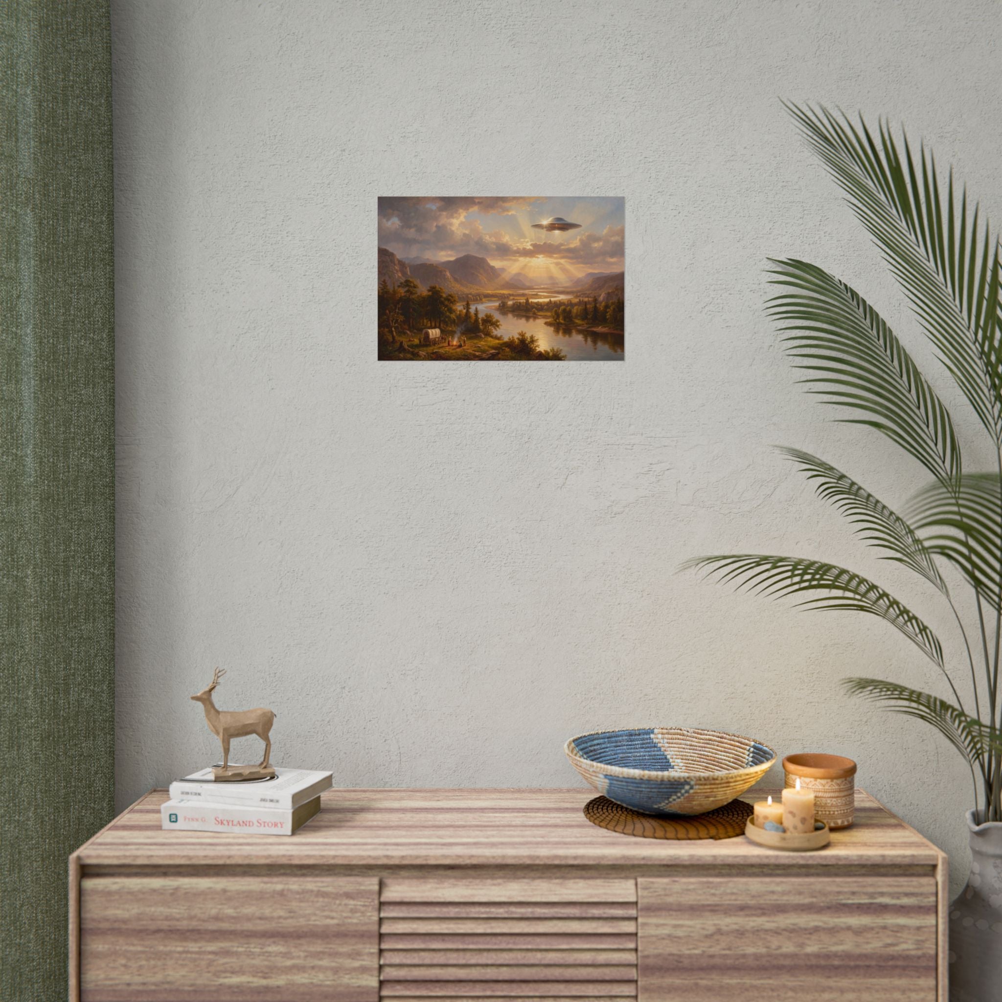 Small landscape sunset poster with UFO hovering over a river valley at dusk