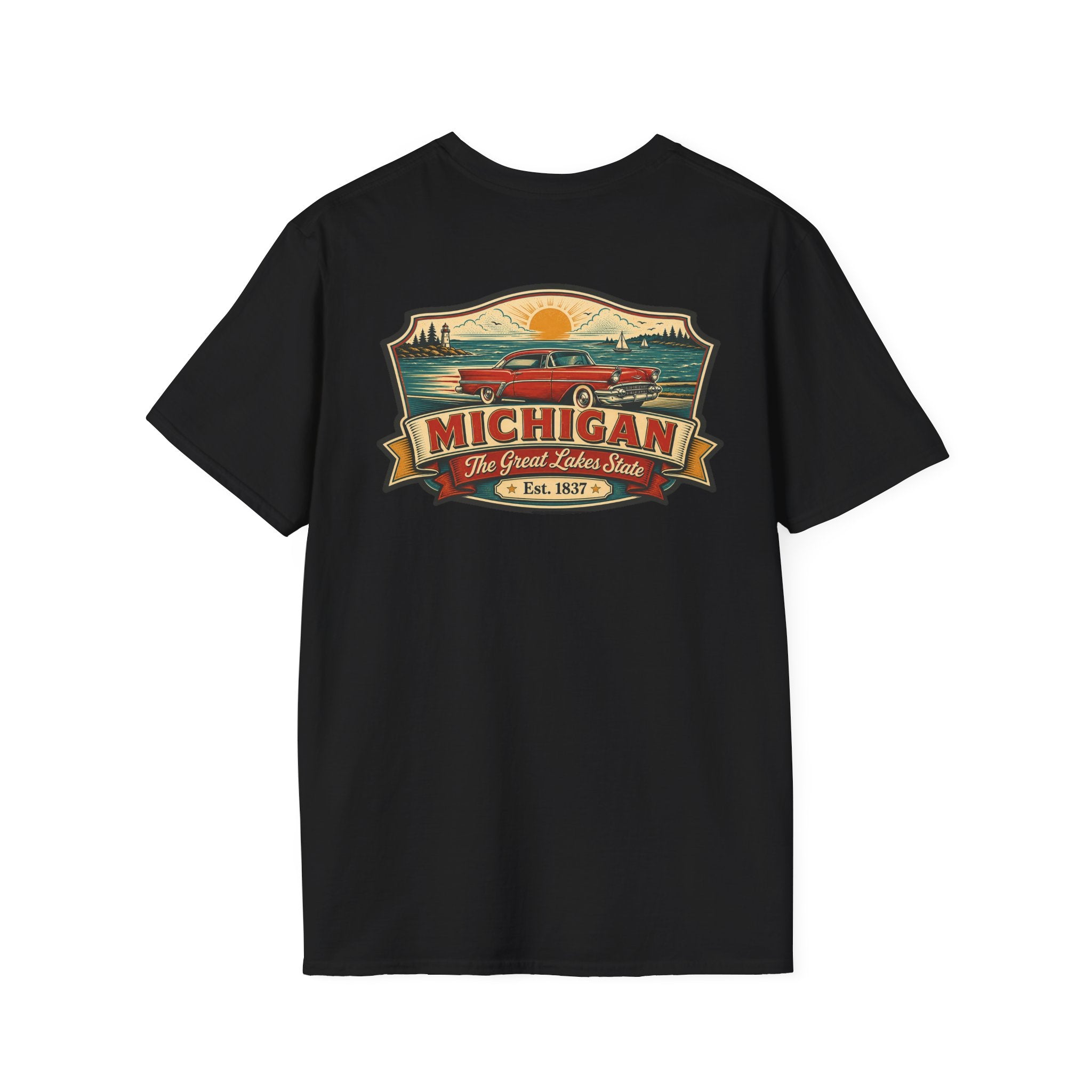 Black T-shirt with Michigan emblem and red car graphic on front