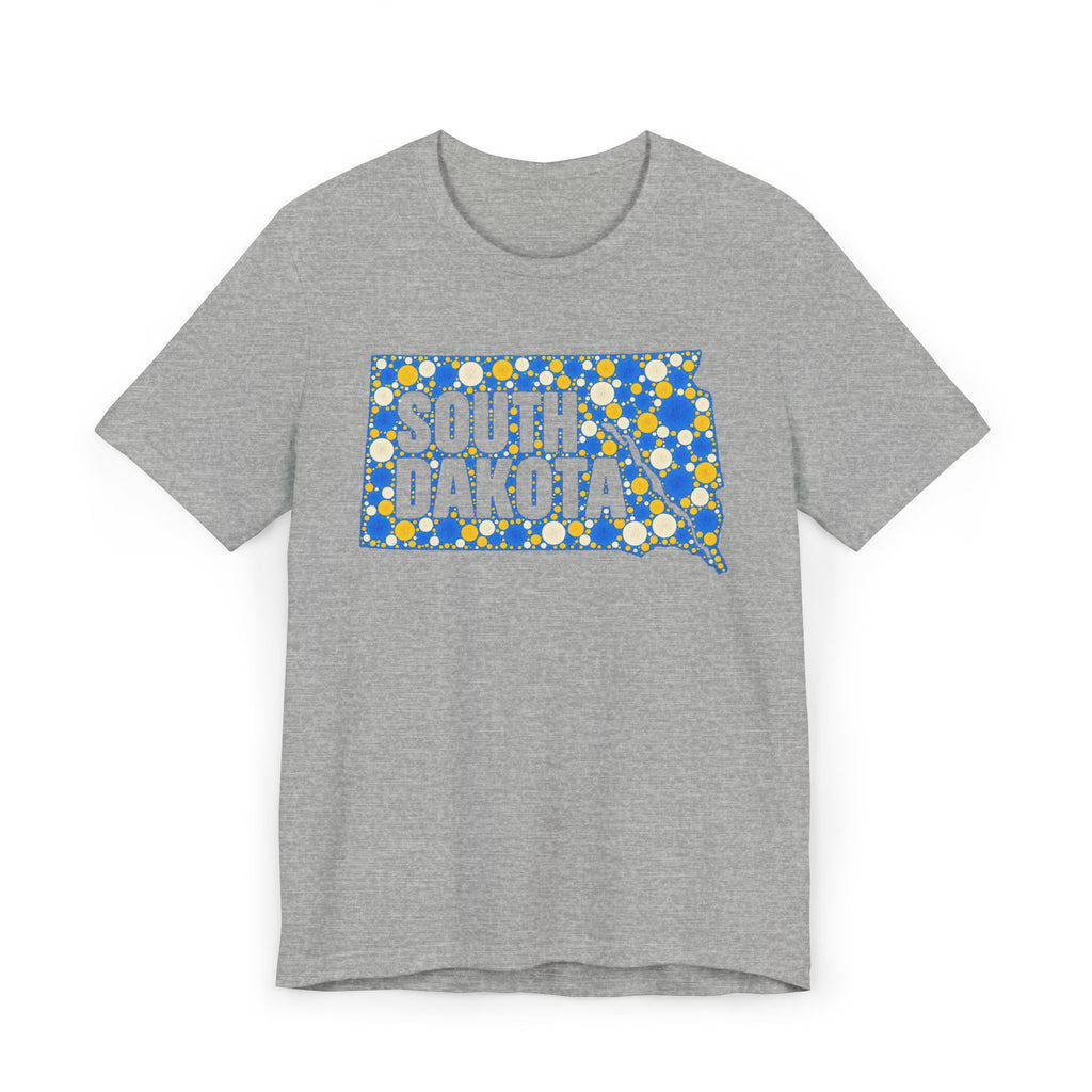 Gray t-shirt with polka dot South Dakota map graphic in blue and yellow