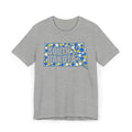 Gray t-shirt with polka dot South Dakota map graphic in blue and yellow