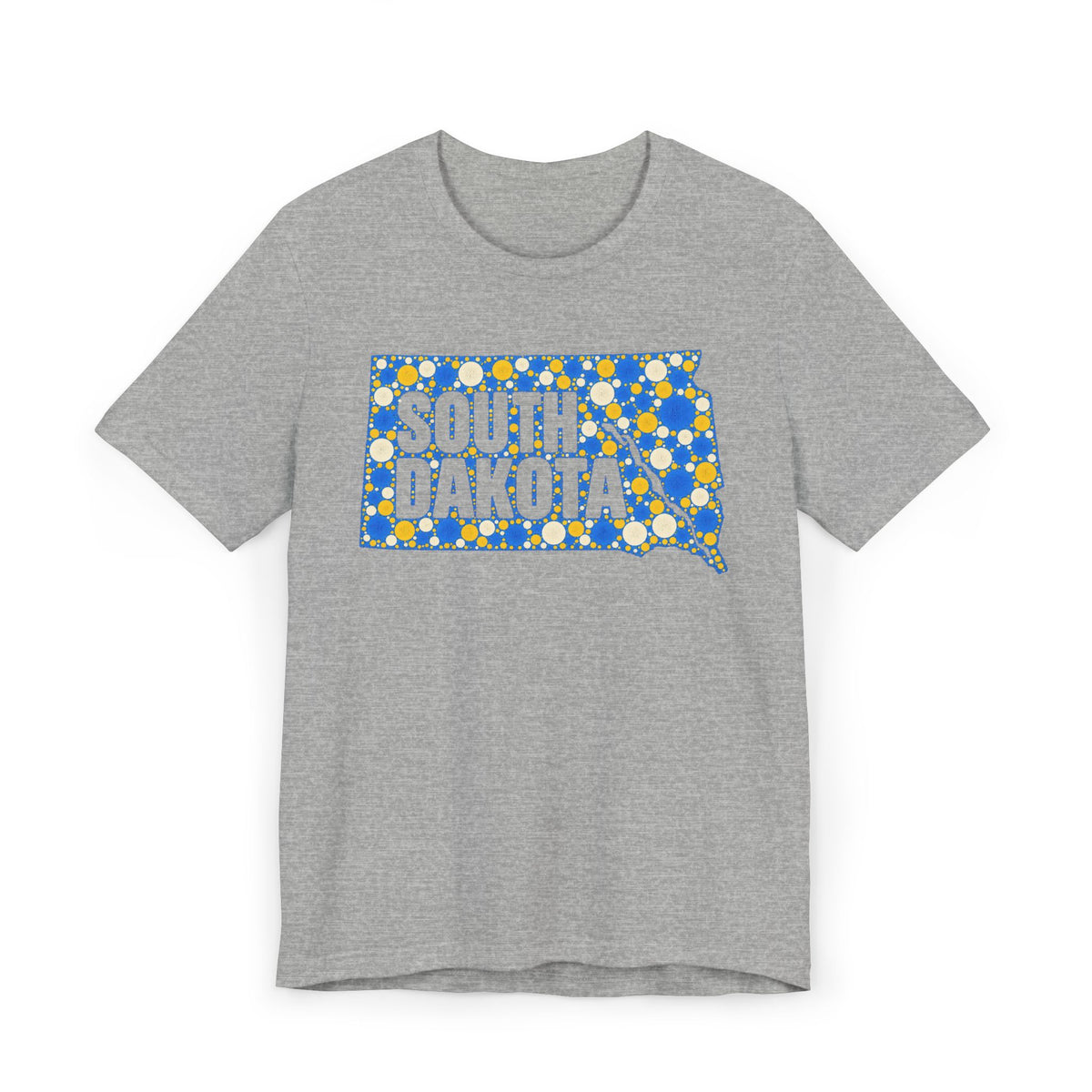 Gray t-shirt with polka dot South Dakota map graphic in blue and yellow