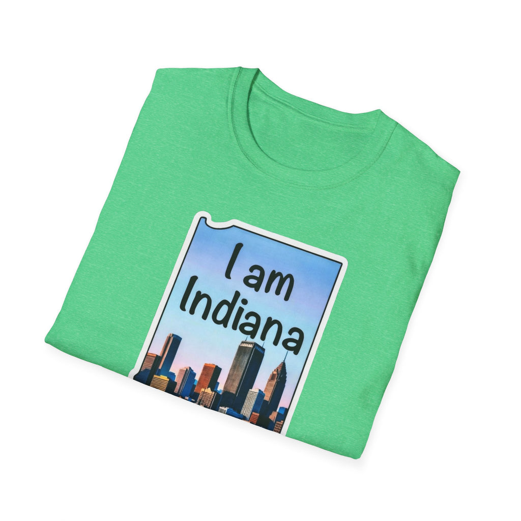 Bright green T-shirt with framed “I am Indiana” skyline graphic