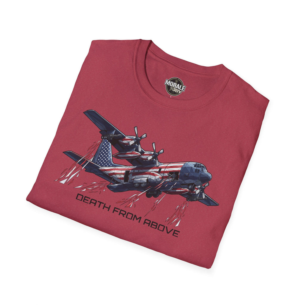Maroon graphic T-shirt with C-130 aircraft, American flag, and "DEATH FROM ABOVE" text