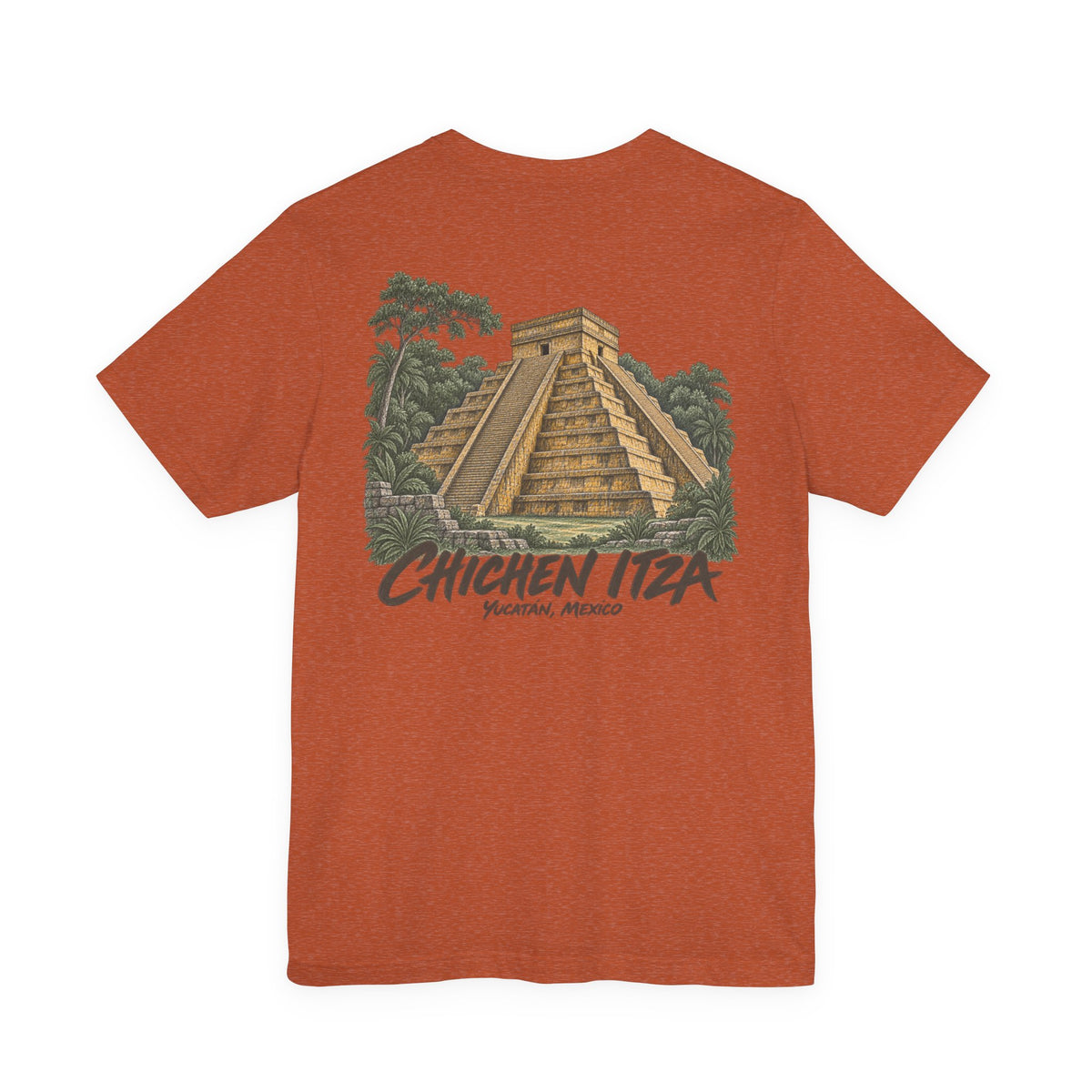 Travel t-shirt, rust orange, front pyramid graphic with vintage Chichen Itza print