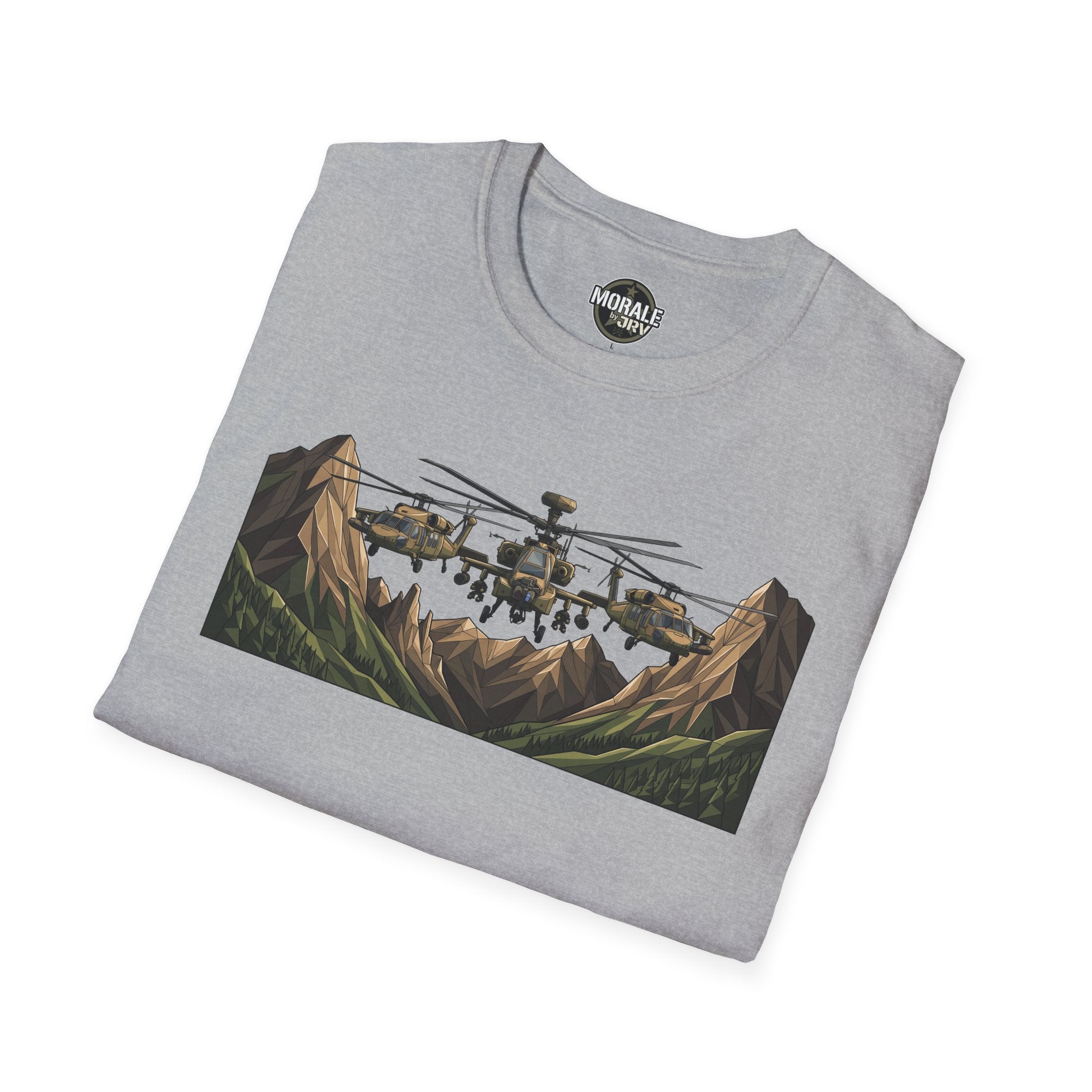 Sport grey T-shirt with helicopter and mountain landscape graphic front