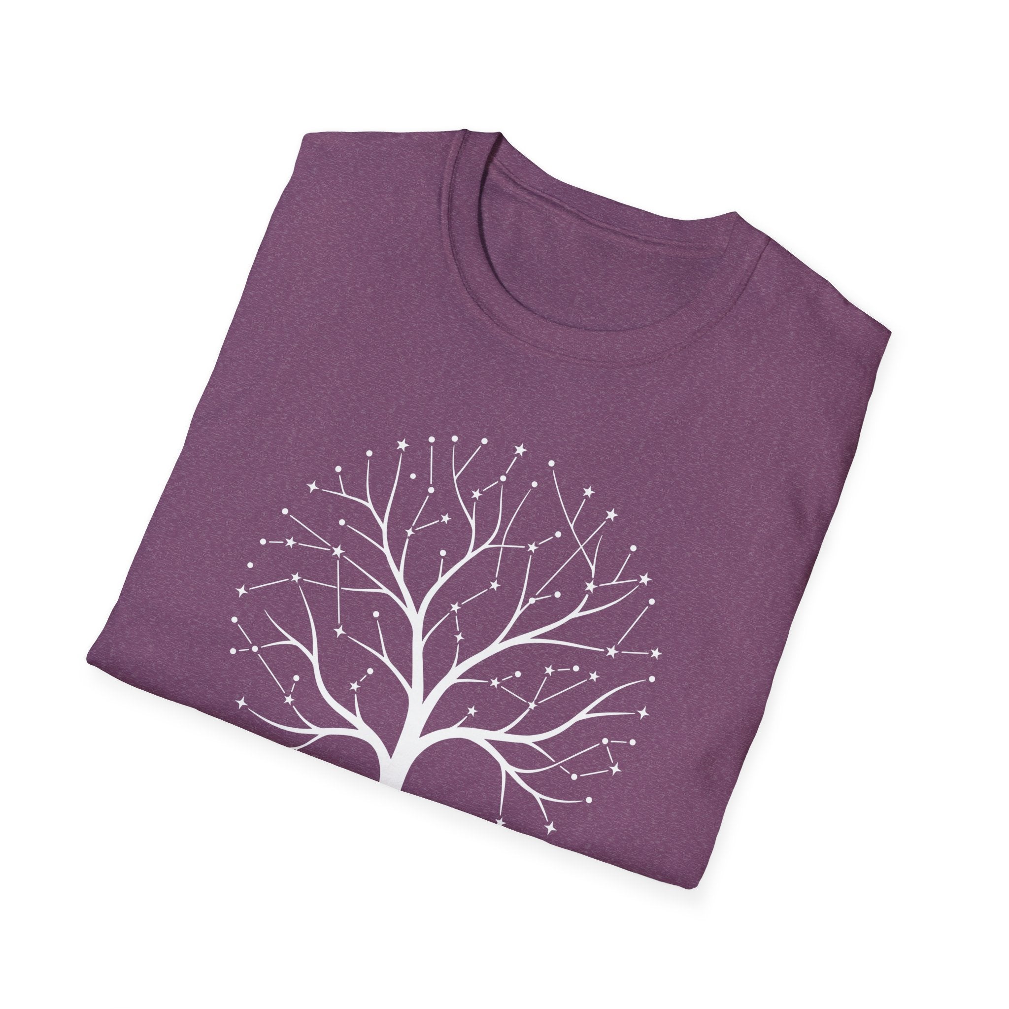 Heather purple crew-neck T-shirt with full white tree-roots star graphic on front.
