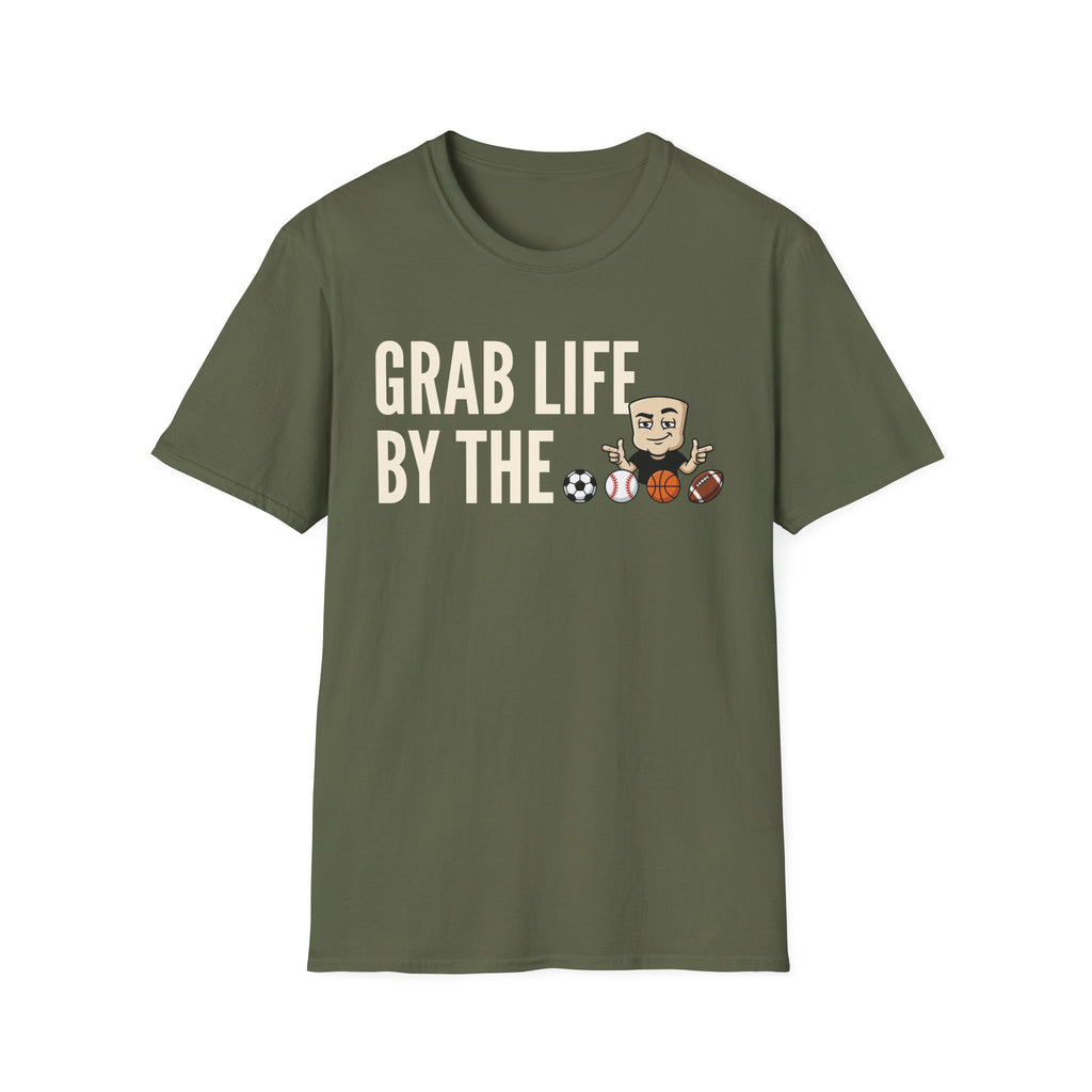Olive green T-shirt with 'GRAB LIFE BY THE' sports ball graphic
