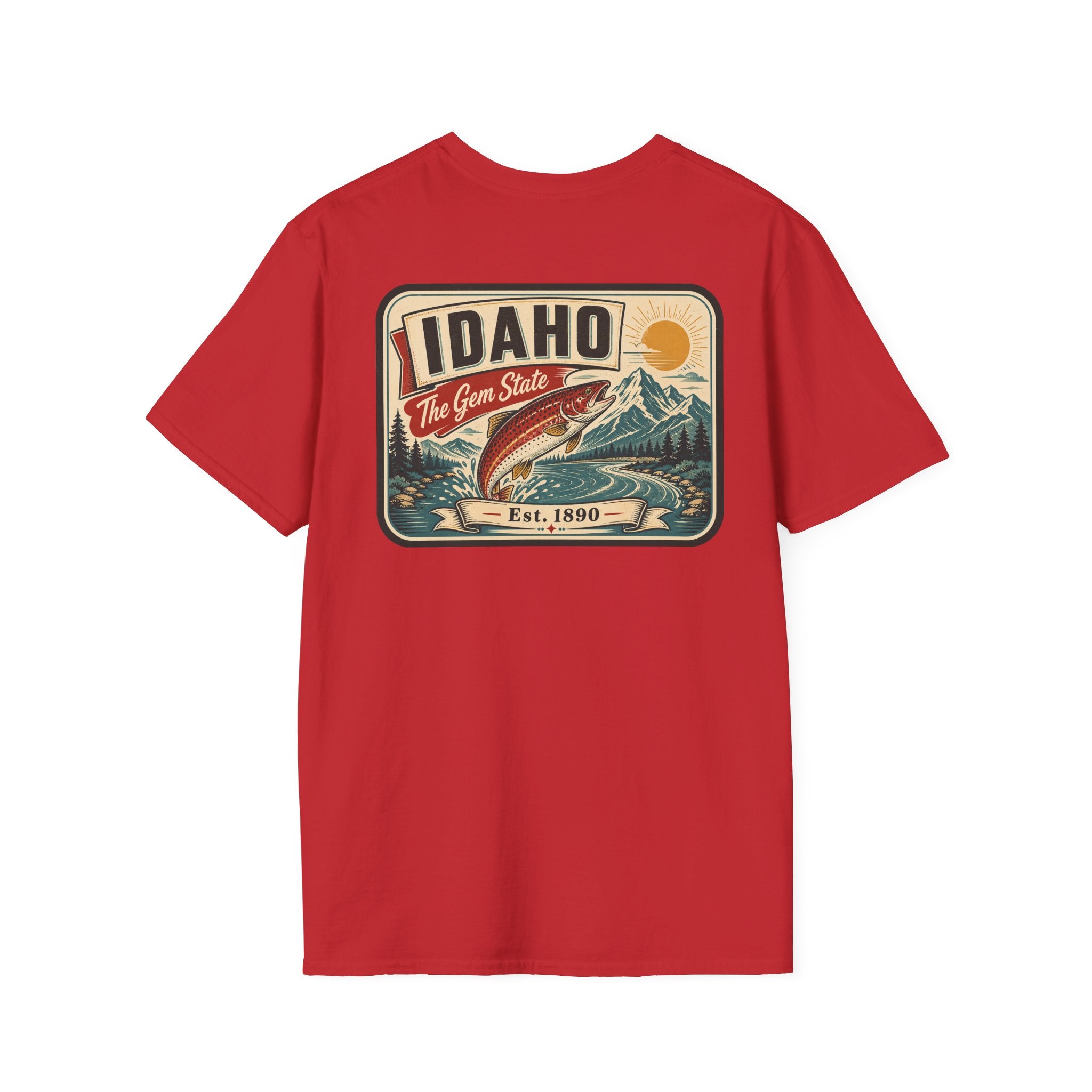 Red t-shirt with Idaho travel badge graphic and trout illustration