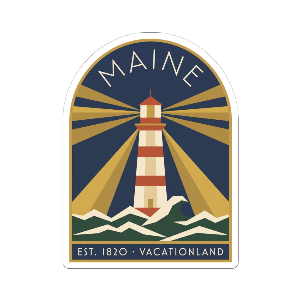 Maine lighthouse sticker featuring a striped lighthouse, sunburst rays, and “VACATIONLAND” banner