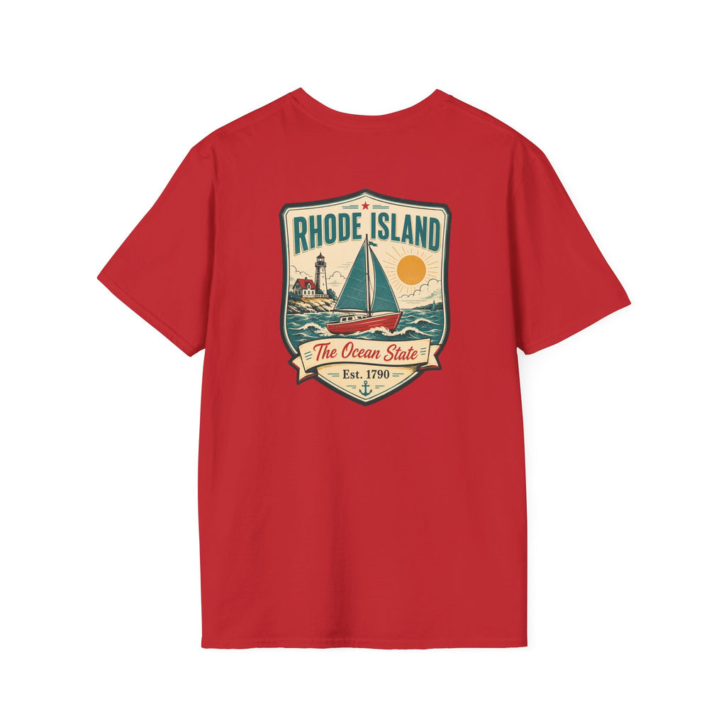 Sailboat graphic t-shirt, red, with Rhode Island emblem front print