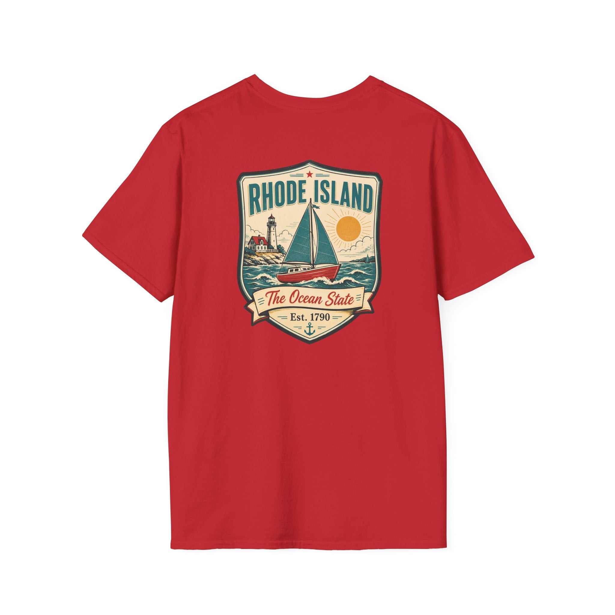 Sailboat graphic t-shirt, red, with Rhode Island emblem front print
