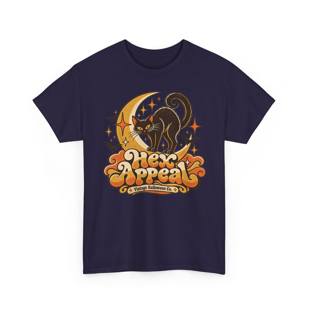 Hex Appeal Black Cat T-Shirt, Retro Crescent Moon Witchy Halloween Shirt for Women and Men, Funny Spooky Cat Lover Tee