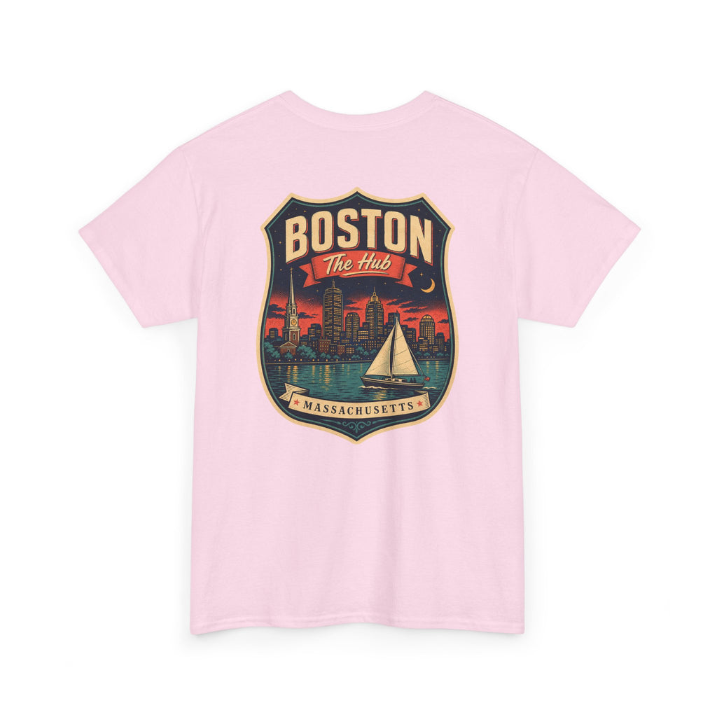 Light pink city badge graphic T-shirt with sailboat and skyline crest