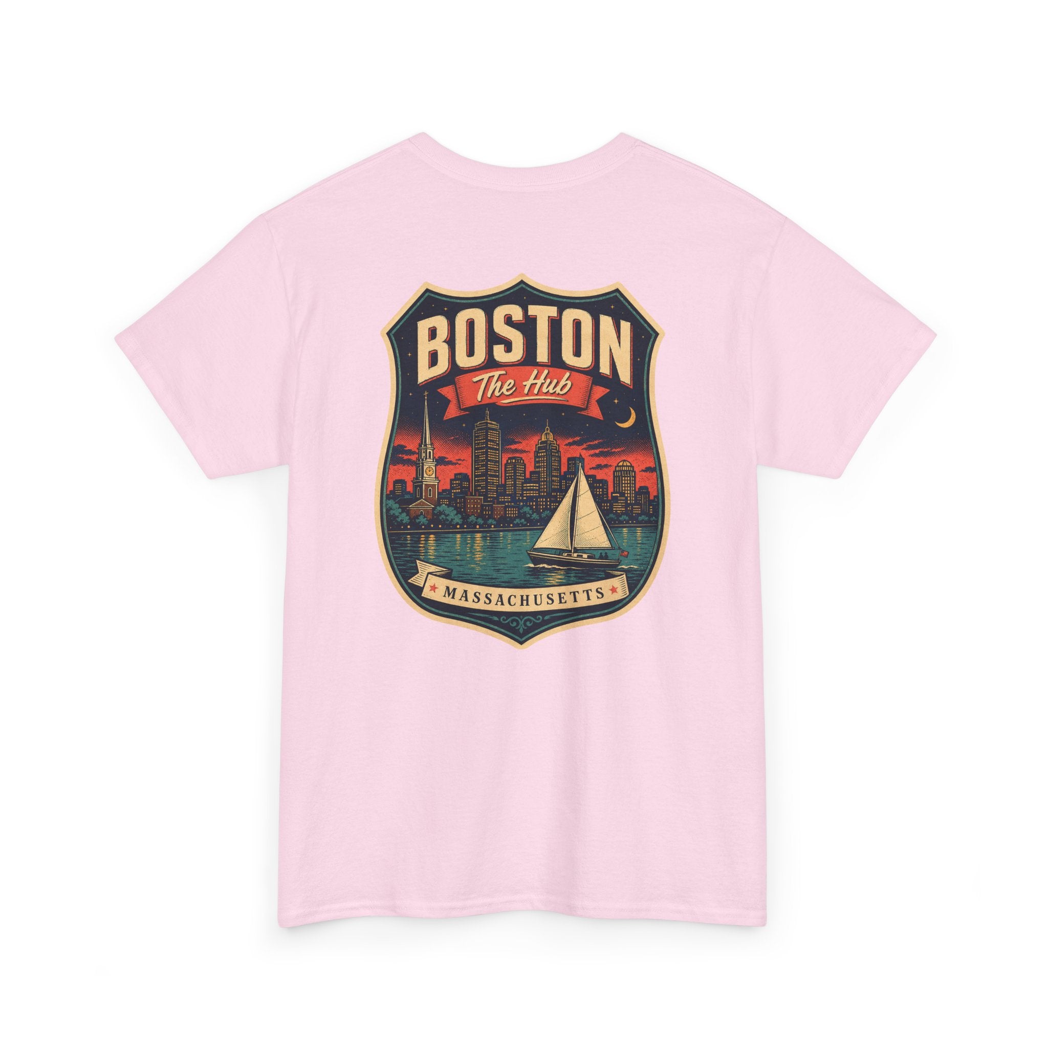 Light pink city badge graphic T-shirt with sailboat and skyline crest