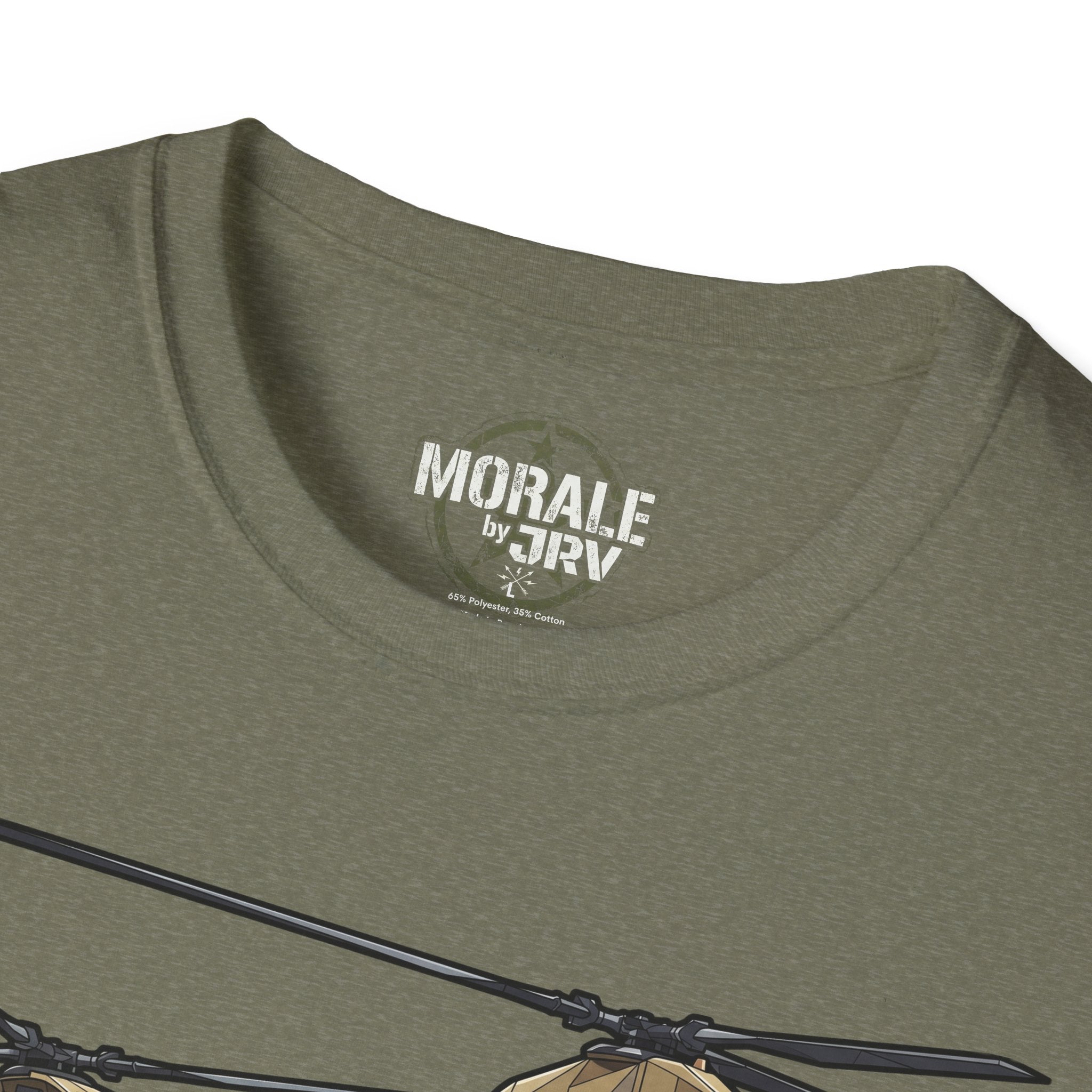 Olive green T-shirt neckline with small “MORALE by TRV” logo patch
