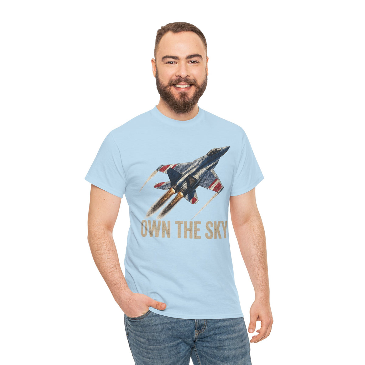 Light blue t-shirt with fighter jet graphic and "Own the Sky" text