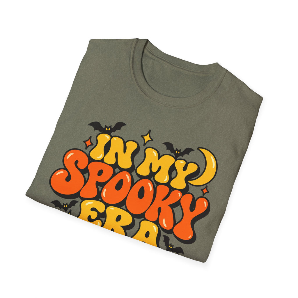 Halloween t-shirt in dark olive with retro spooky bubble lettering graphic