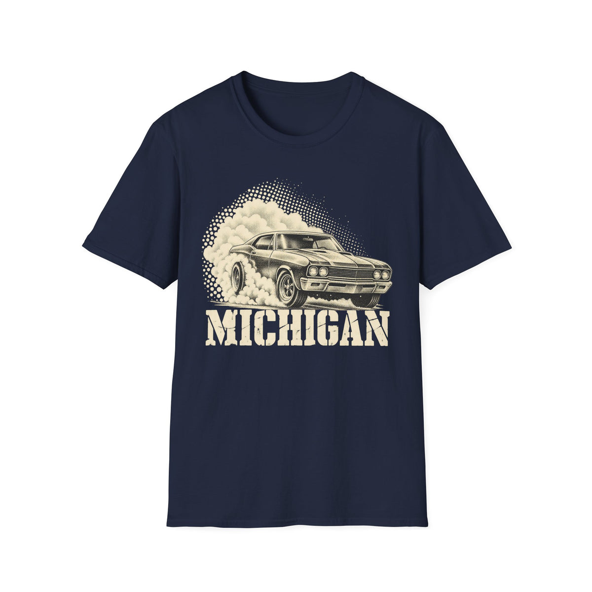 Navy T-shirt with vintage car graphic and “MICHIGAN” text print