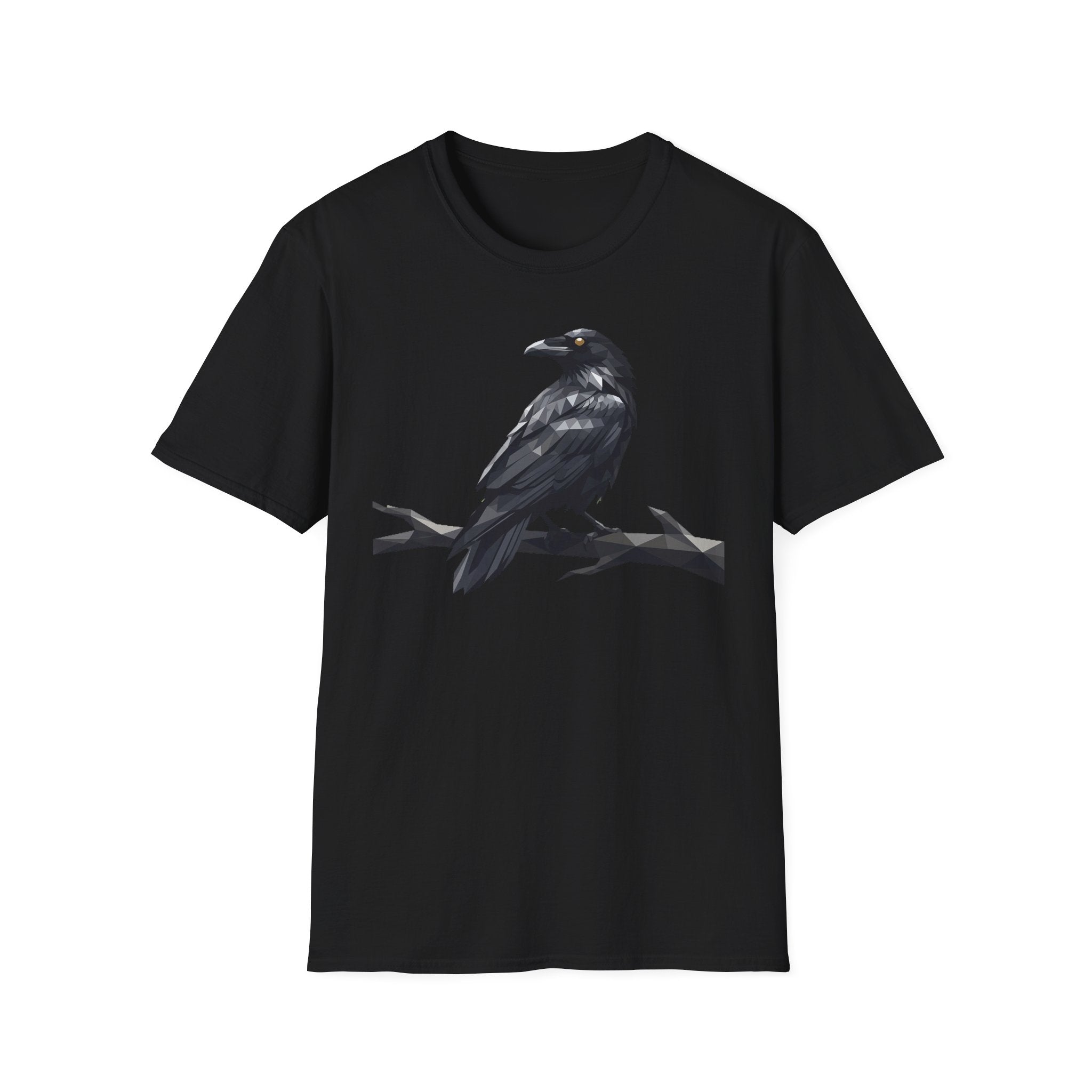 Black raven bird graphic T-shirt with crow perched design on front