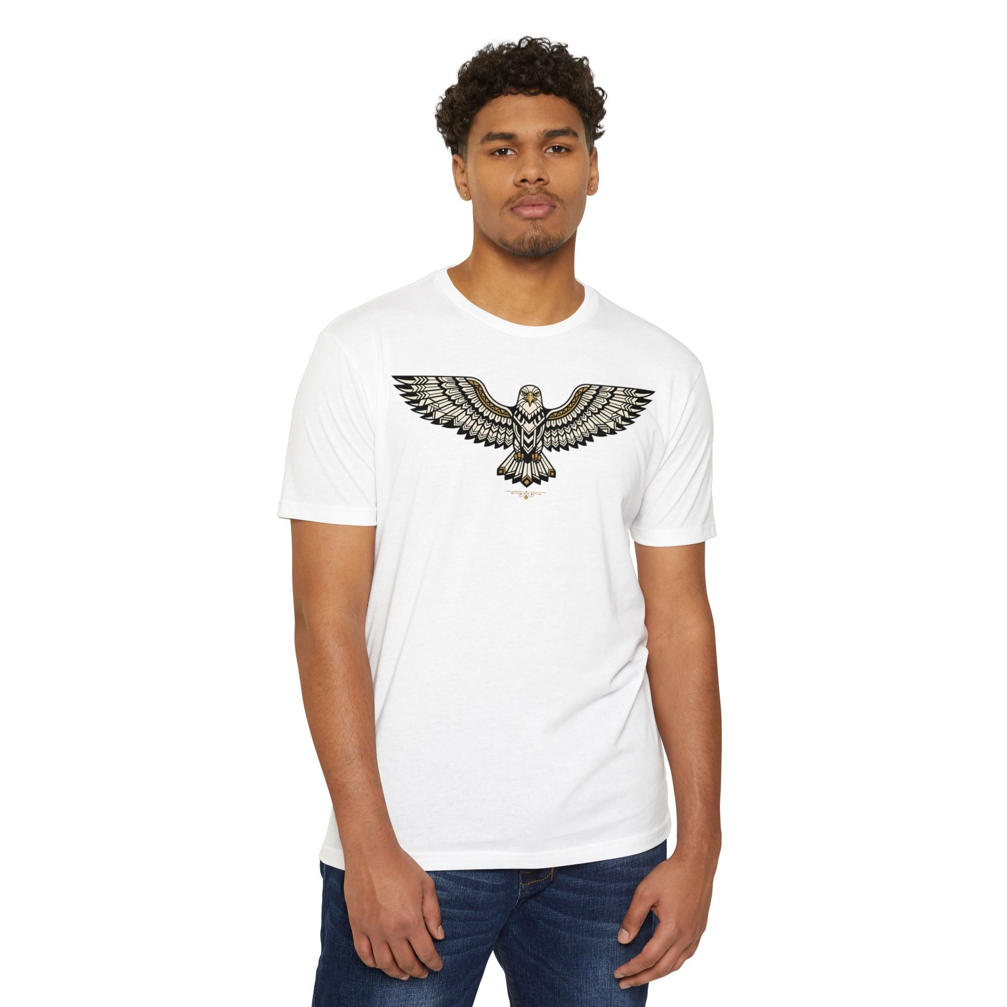 White crewneck T-shirt with soaring owl graphic on front