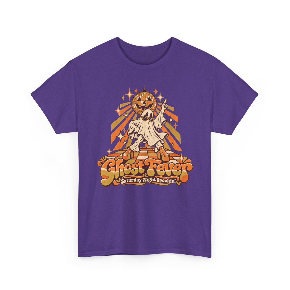 Purple Halloween graphic t-shirt with dancing ghost, disco ball, and jack-o-lantern art
