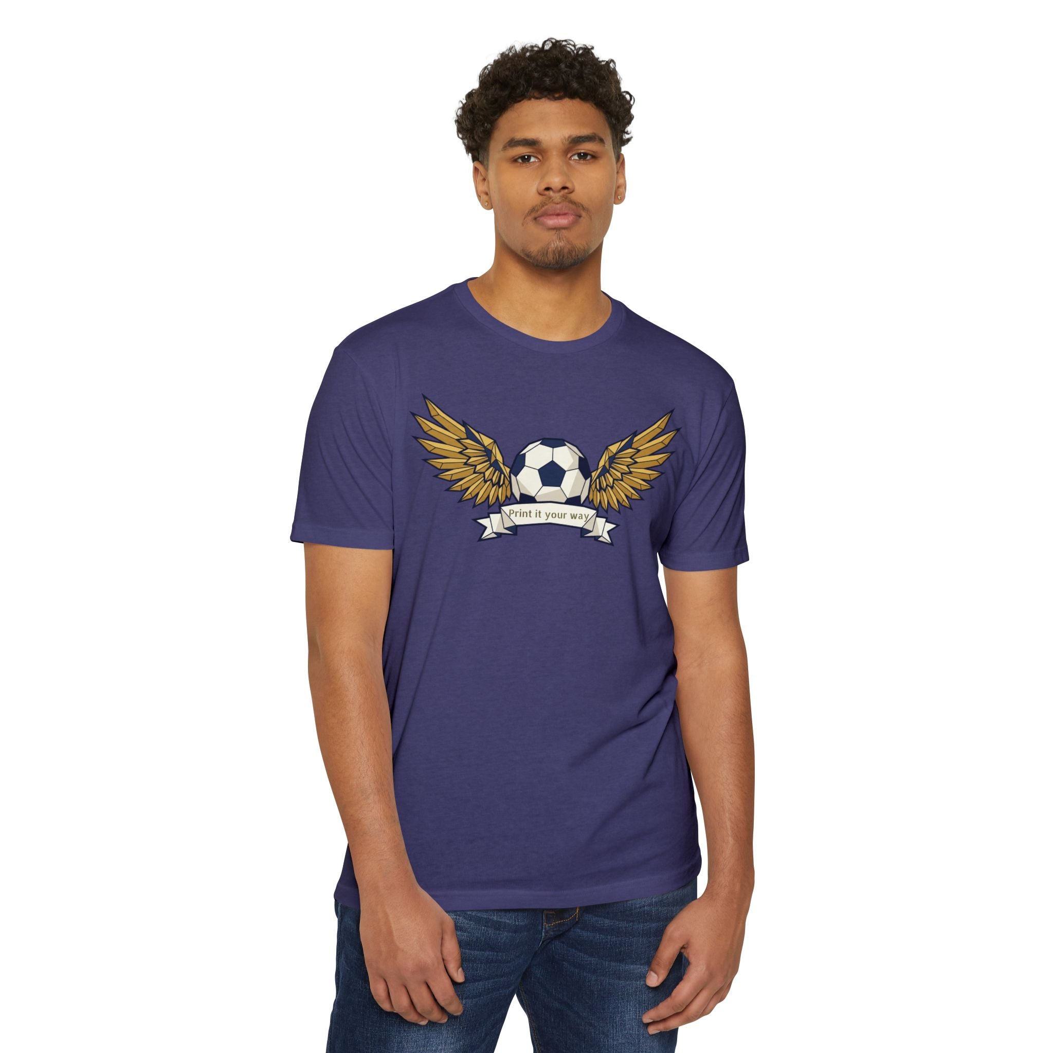 Purple unisex soccer graphic T-shirt with winged ball design on the chest.