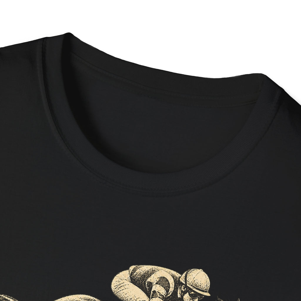 Black t-shirt close-up: crew neck and partial gold jockey graphic