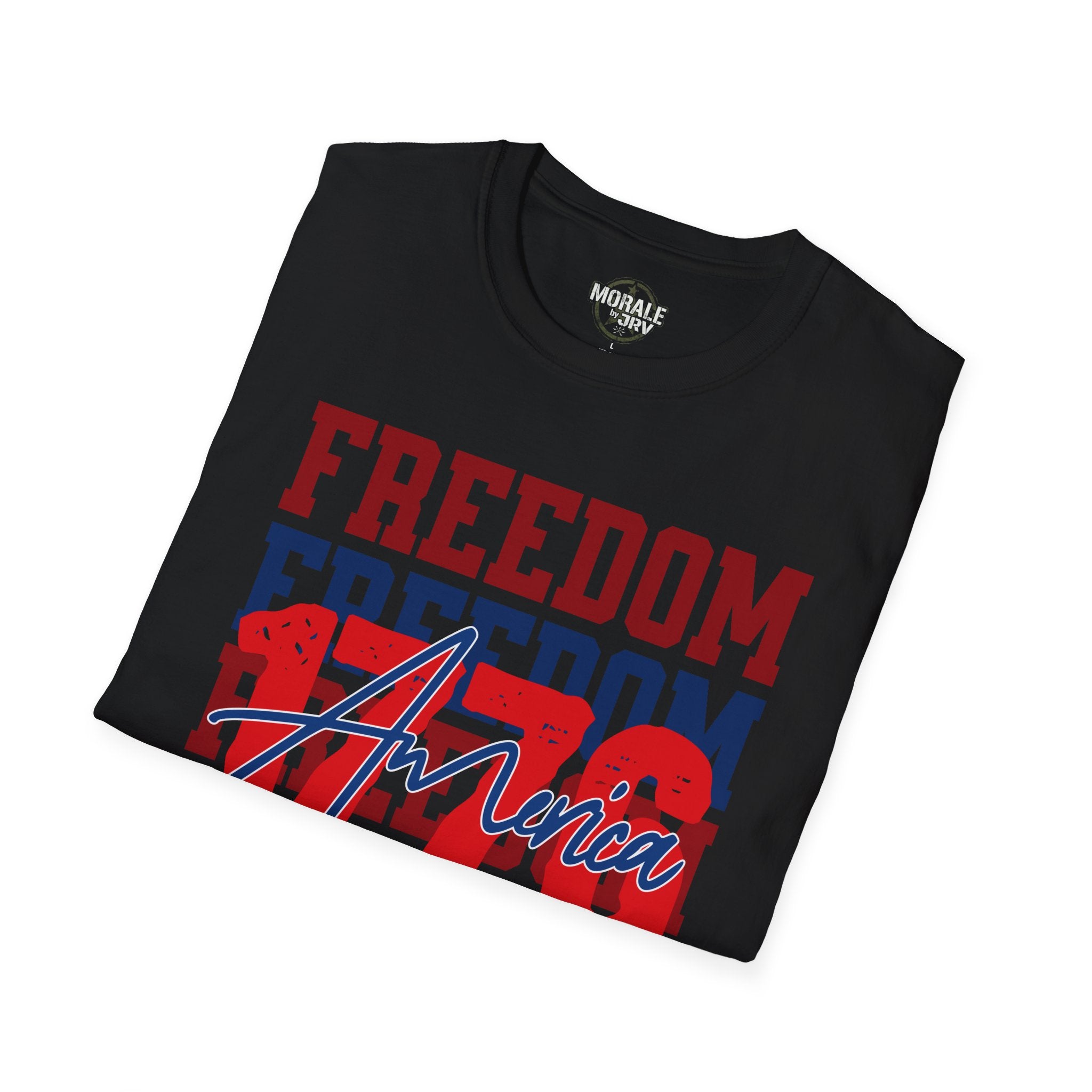 Black Freedom T-shirt folded with “Freedom Unica” graphic across the chest