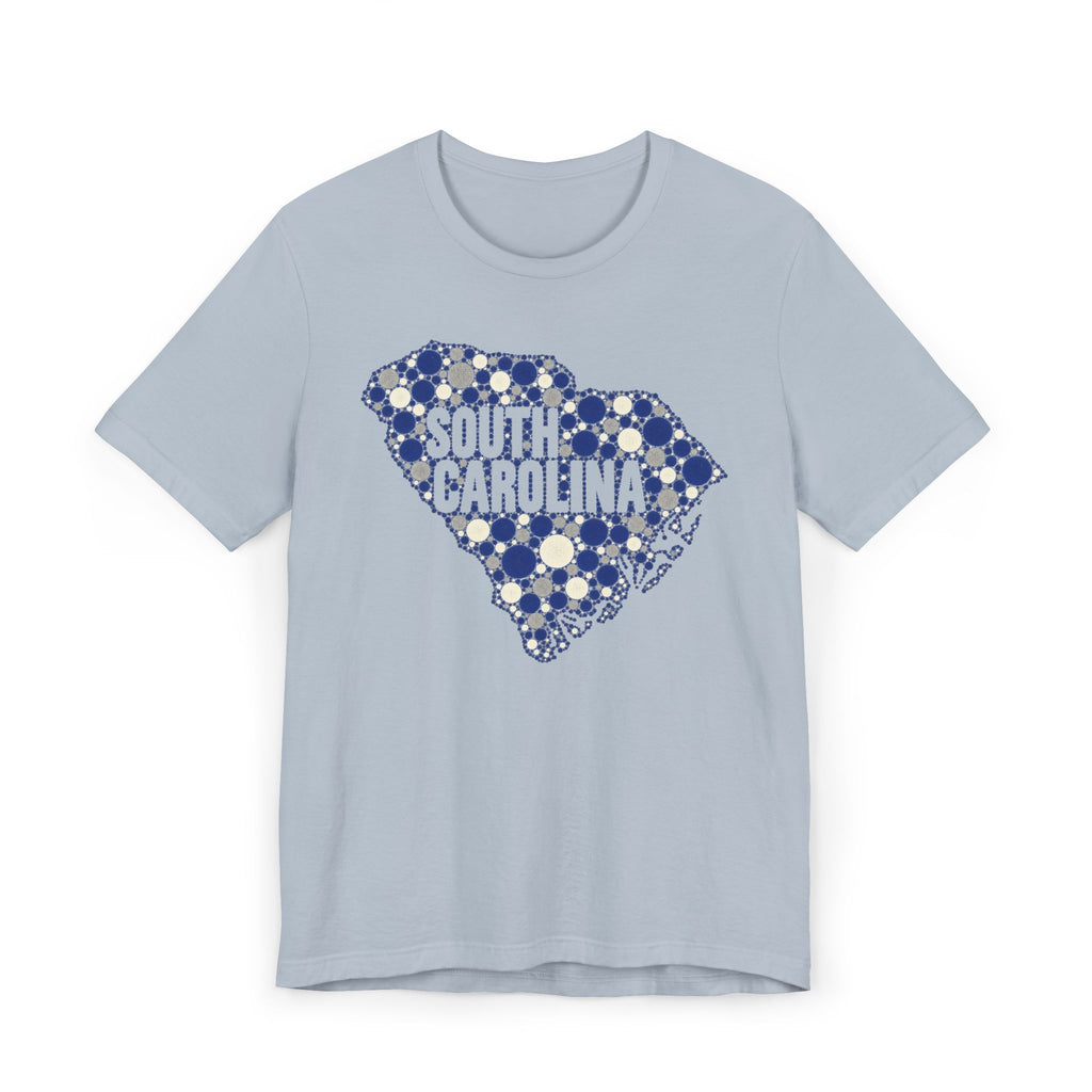 Light blue South Carolina floral map graphic T-shirt with blue dotted outline and text