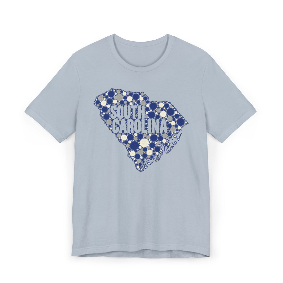 Light blue South Carolina floral map graphic T-shirt with blue dotted outline and text