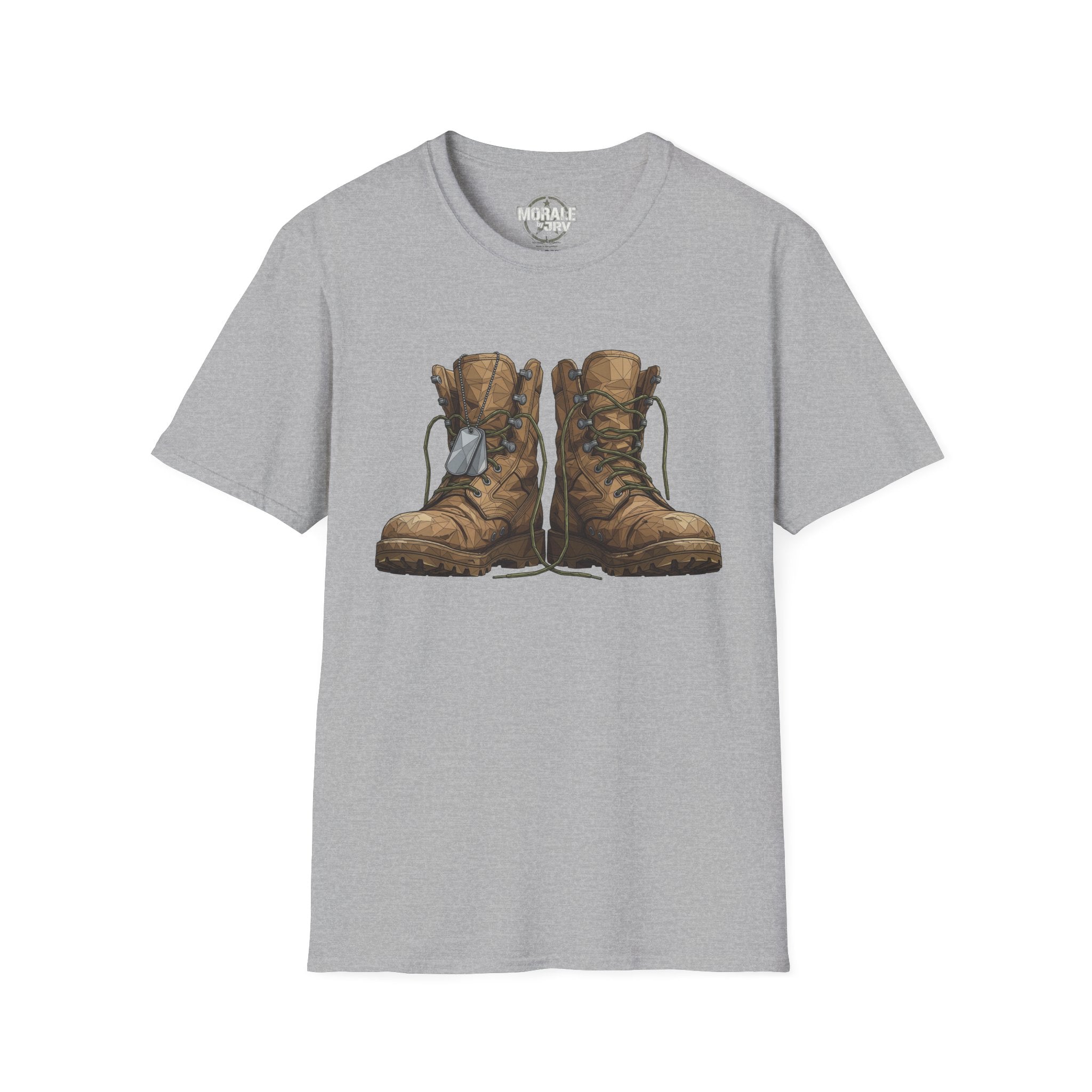 Sport grey T-shirt with vintage combat boots graphic in brown and tan