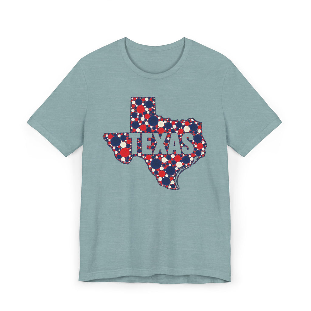 Light blue Texas map graphic T-shirt with polka dot outline and “TEXAS” text