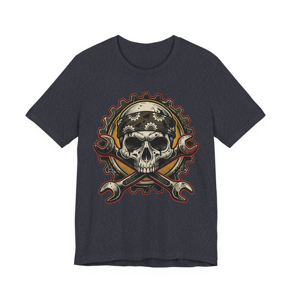 Dunkelblaues T-Shirt mit Biker-Schädel-Graphic, Helm-Design und gekreuzten Schlüsseln