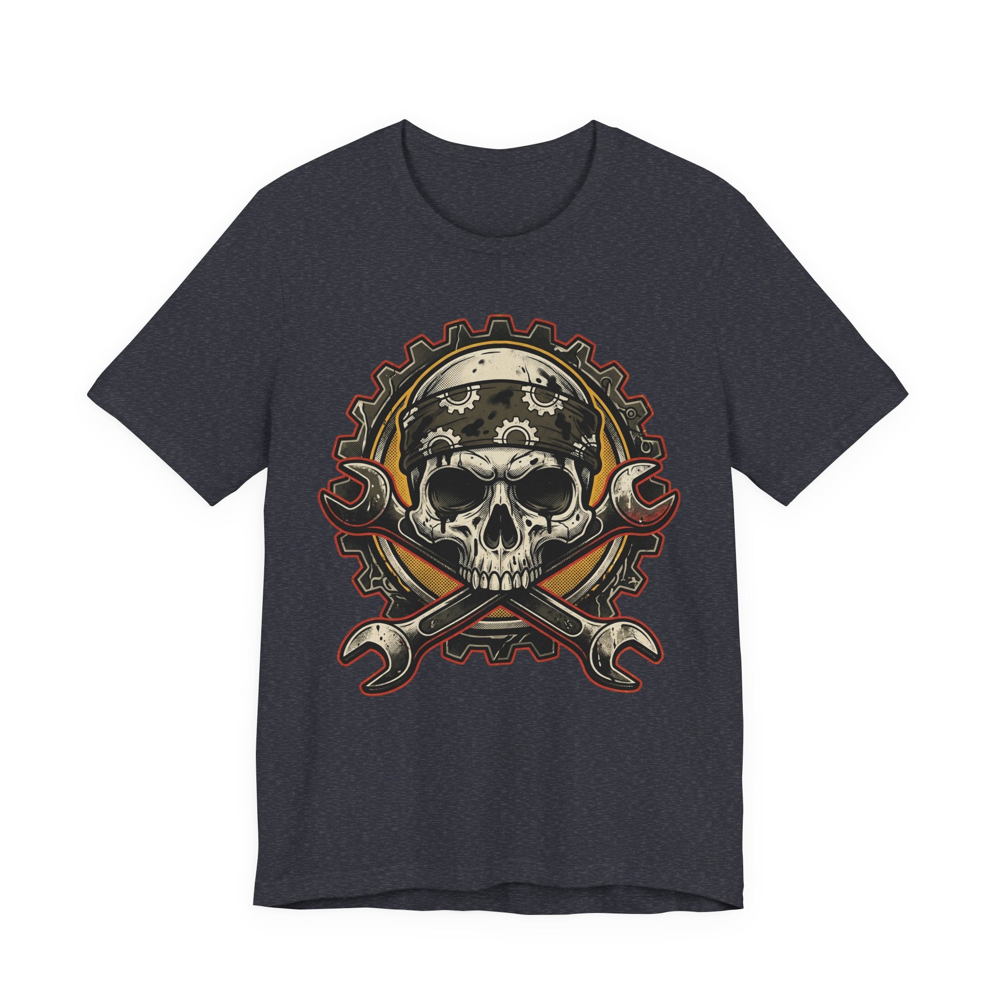 Dunkelblaues T-Shirt mit Biker-Schädel-Graphic, Helm-Design und gekreuzten Schlüsseln
