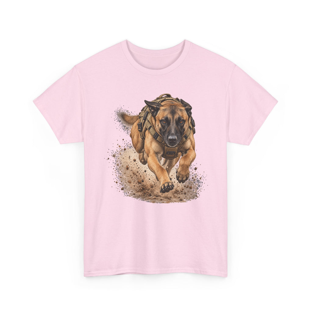 Light pink graphic dog t-shirt with running Belgian Malinois print on chest