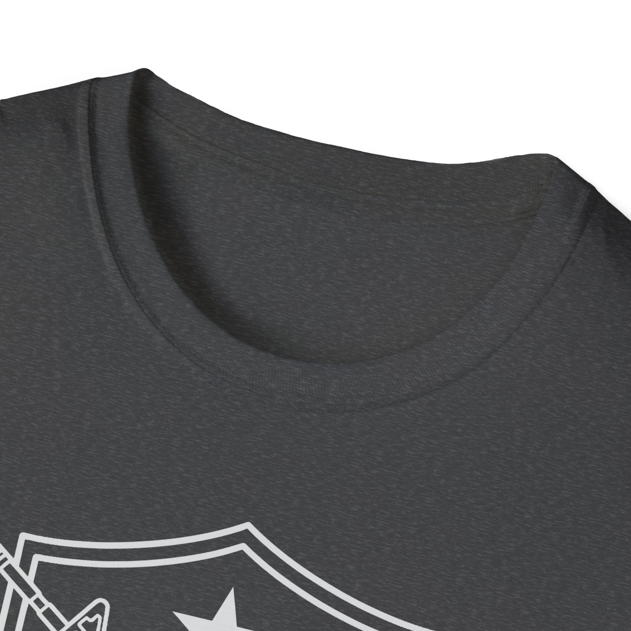Graphic T-shirt neckline in dark heather gray with partial front design visible.